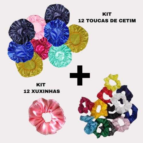 Kit 12 OU 24 Toucas De Cetim e Scrunchies Xuxinha Laçarote De Cetim