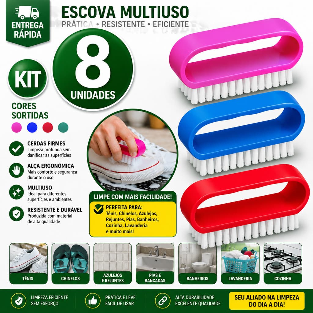 Kit  Escovas Multiuso Limpeza Resistentes Multiuso Chinelos Pia e Bancadas Cozinha Lavandeira