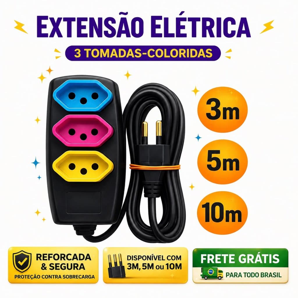 Extensão Elétrica 10/5/3 Metros Bivolt Com 3 Pino - Colorido