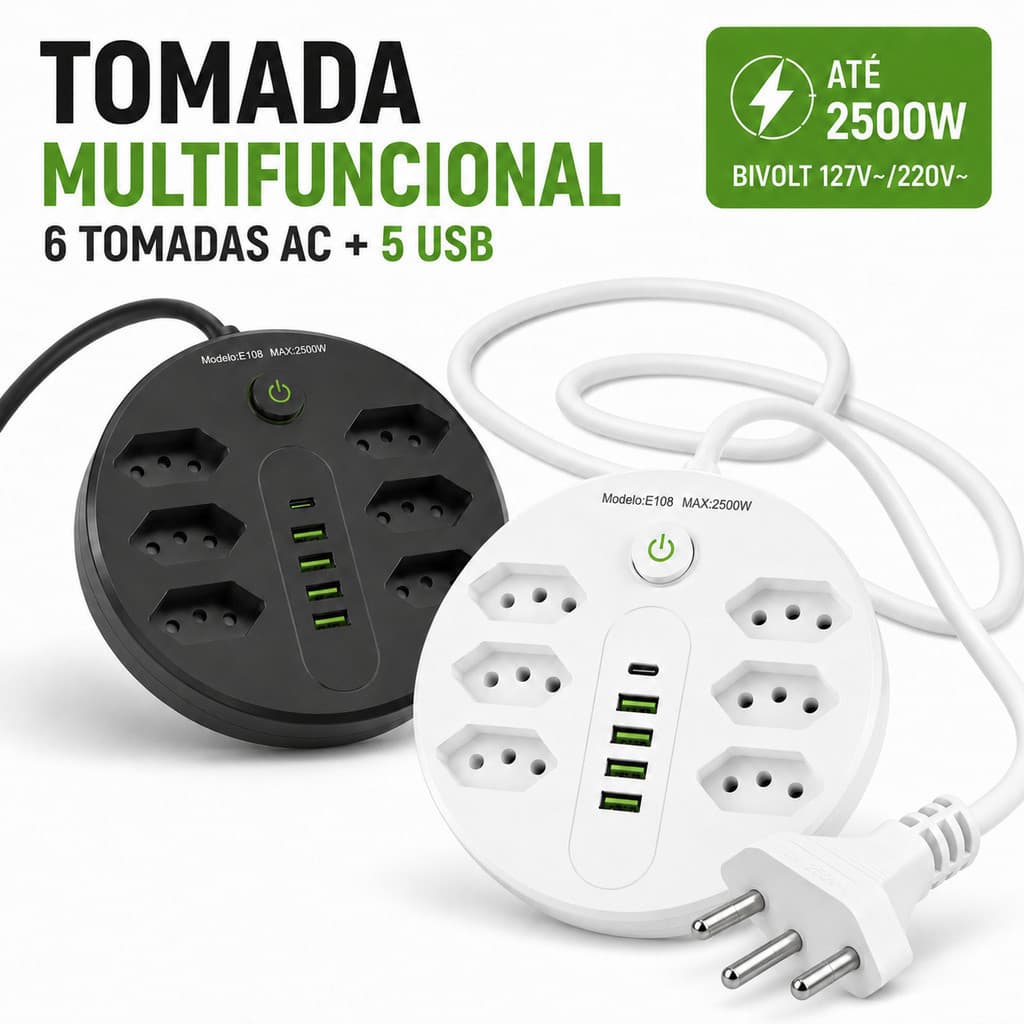 Extensão Tomadas com USB e TypeC Universal Bivolt 110v/220v 2500W Power 2m Filtro De Linha Segurança TECNO
