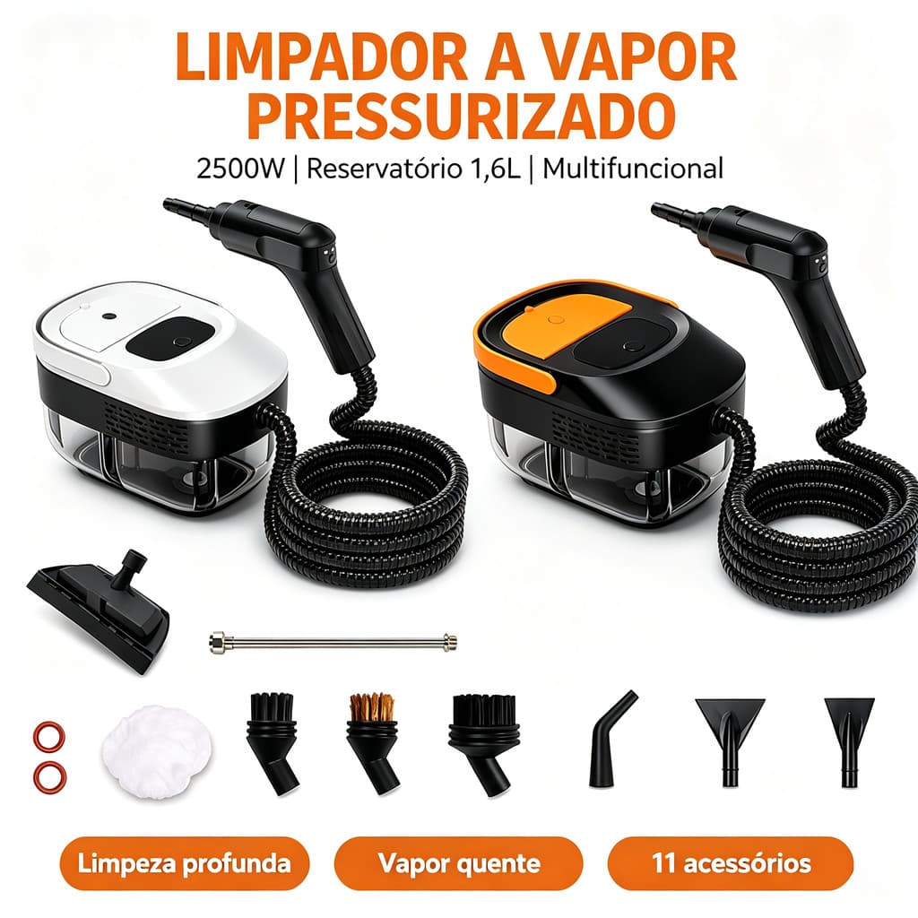 Máquina de Limpeza a Vapor 2500W Alta Temperatura 1,6L 11 Acessórios Remove Gordura Mofo Sem Detergente Químico
