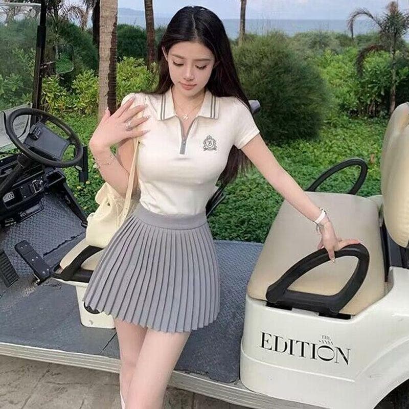 [Nova chegada] moda verão terno feminino 2026 novo estilo gola polo manga curta cintura alta saia plissada terno de duas