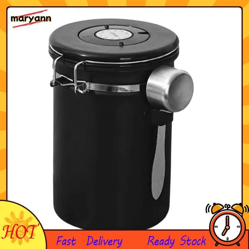 Caixa De Armazenamento De Grãos De Café 1.5L Recipiente Selado De Aço Inoxidável 304 Com Válvula De Escape De Colher Dat