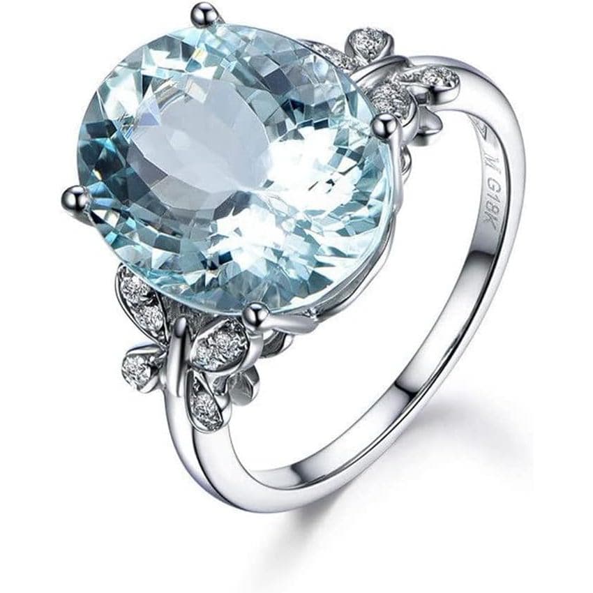Joias de Moda Anel de Ouro Branco 18KT com Zircônia em Forma de Borboleta e Aquamarina Natural Corte Oval para Mulheres