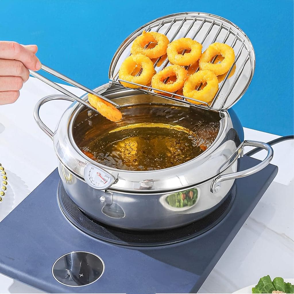 Panela de Fritura Profunda de 8,2 Polegadas com Cesto de Drenagem e Termômetro, Panela de Fritura Profunda em Aço Inoxid
