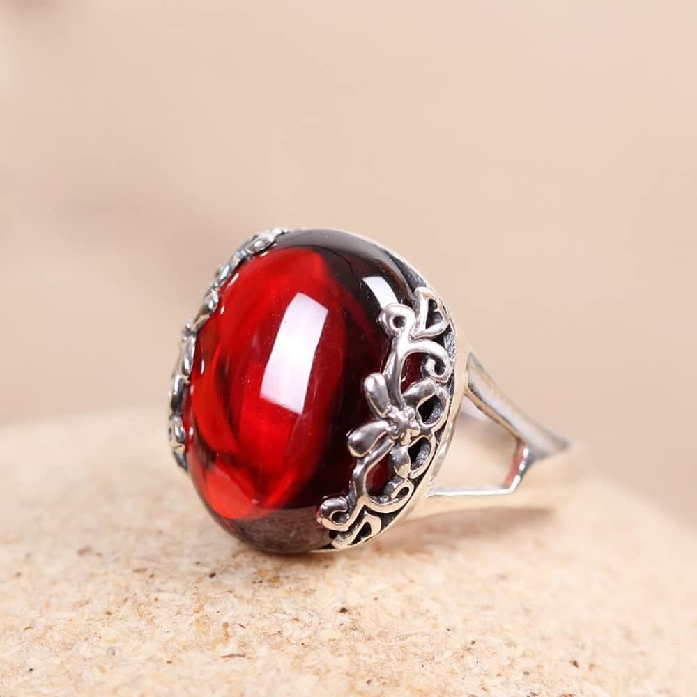 Anel Artesanal QUSIIOSLK Retro em Ouro Branco com Pedra Preciosa Vermelha para Mulheres, Anel Ajustável de Prata Tailand