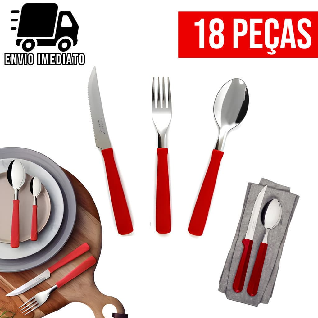 Jogo de Talheres Vermelho 18 Peças Cozinha Aço Inox 6 Garfos 6 Facas 6 Colheres Conjunto de Talheres