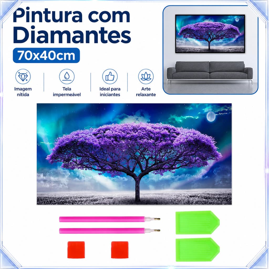 Kit Pintura Diamante 5D Tela 70x40cm, Canetas, Bandejas e Cera