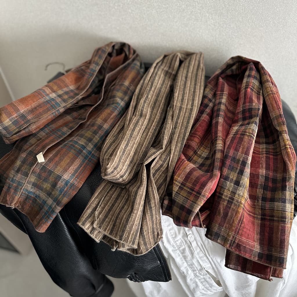 Lenço xadrez de algodão puro estilo Retro primavera verão outono estilo fino estilo literário angustiado longo xale pesc
