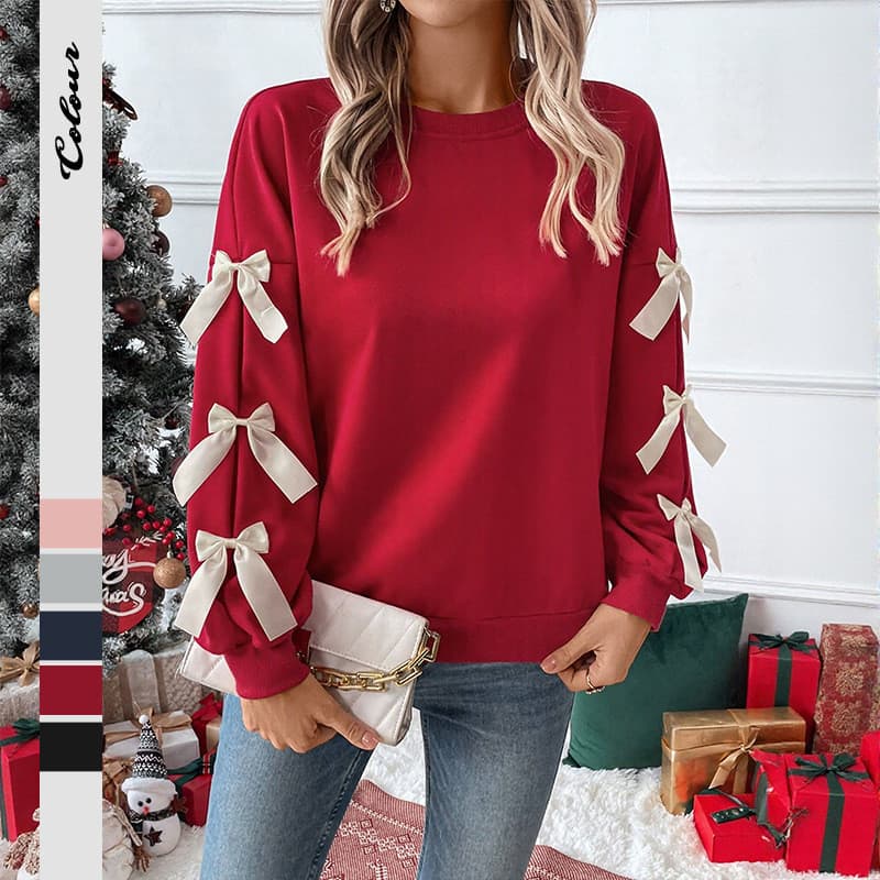 [Baifenzhiyi] Suéter Vermelho com Laço e Decote Redondo, Estilo Doce de Natal Popular