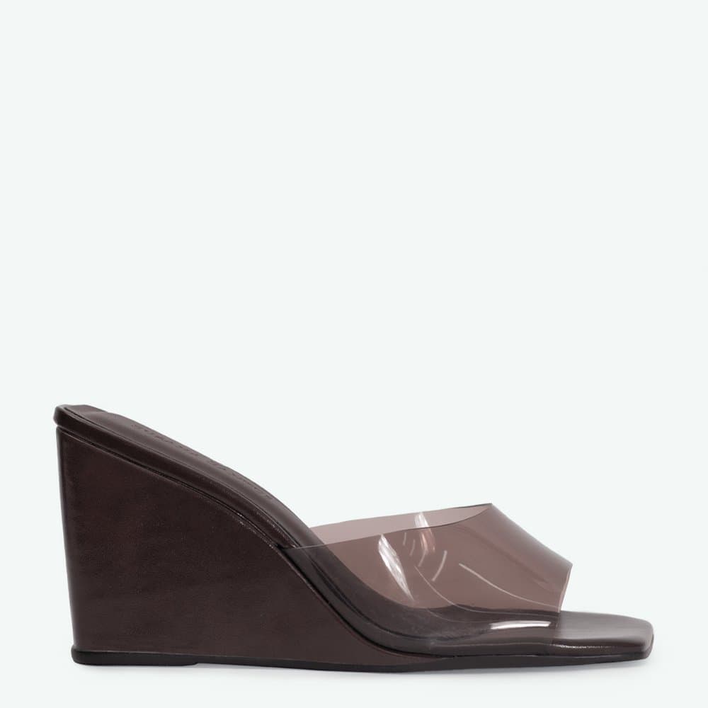 Tamanco Feminino Anabela Salto Alto Transparente Marrom Elegante Casual