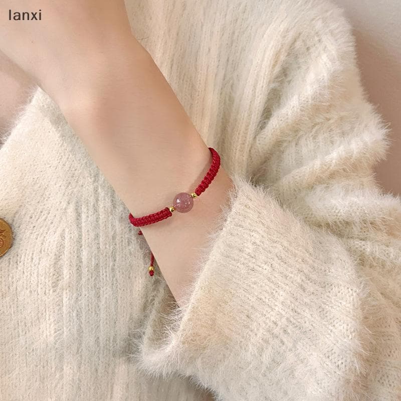 [LANXI] Pulseira De Tecido De Cristal De Morango Com Contas Luy De Obsidiana Para Presente De Casal Feminino