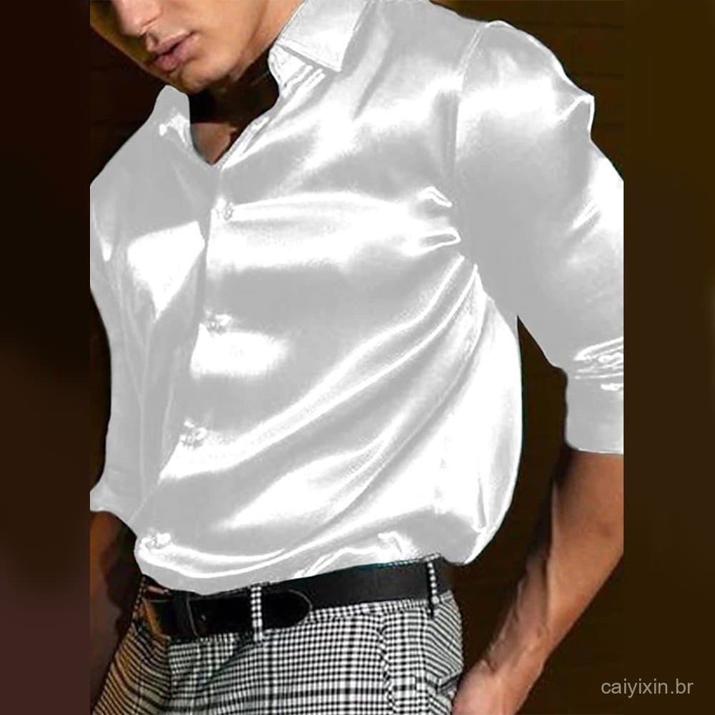 Nova Camisa Masculina de Seda Satinada de Manga Longa com Botões, Camisas Casuais para Casamento e Festa, Alta Qualidade