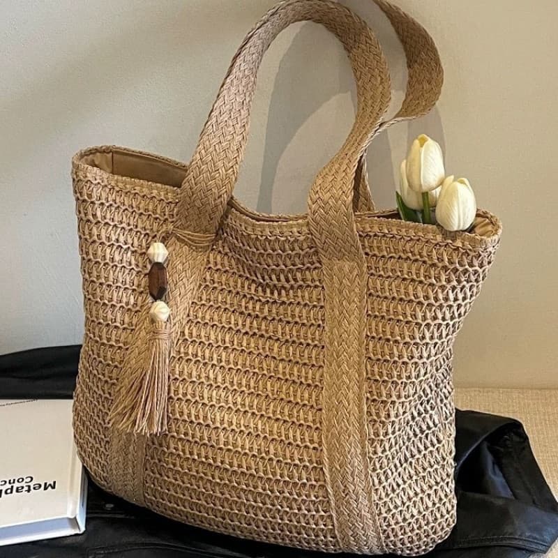 Bolsa de palha trançada de ombro único, bolsa de grande capacidade, bolsa tote, bolsa de praia, pingente de madeira de p