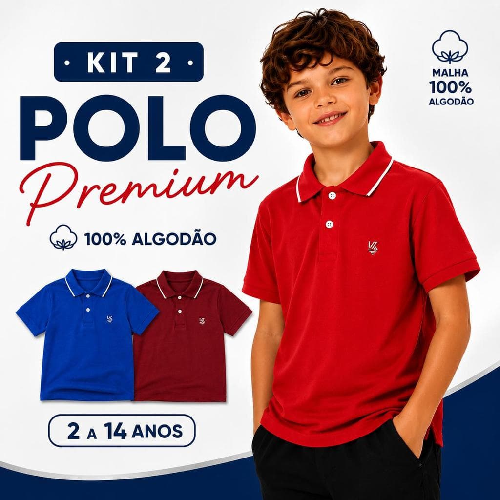 Kit 2 Camisas Gola Polo Infantil 100% Algodão 2 a 14 Anos.