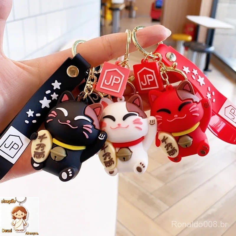 Chaveiro Gato Da Sorte Maneki Neko Com Alça Mosquetão