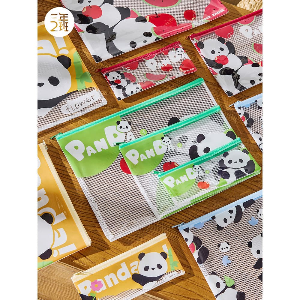 Três anos de segunda classe Panda aqui vem A4 grade puxar saco lateral saco de arquivo transparente portátil tipo zíper