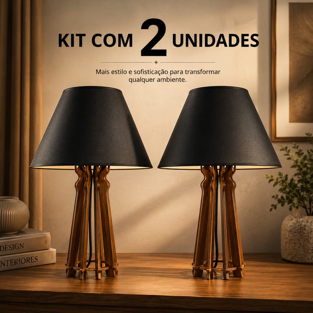 Kit 2 Abajur De Mesa Quarto Luminária Sala Madeira Cúpula Decoração
