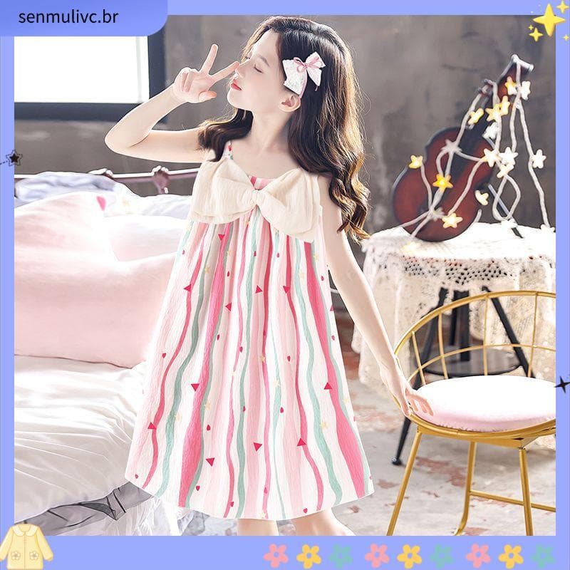 Meninas meninas 2026 novo estilo camisola feminina tecido algodão verão arco estilingue vestido doce bonito estudante me
