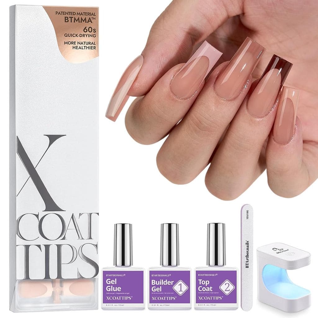 BTArtboxnails XCOATTIPS Unhas Postiças - Unhas Postiças em Tons de Pele, Quadradas, Longas, de Gel Macio, com Gel para U