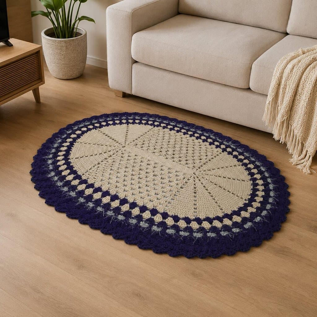 Tapete de Crochê Oval Branco e Azul Artesanal 60x85 sala quarto