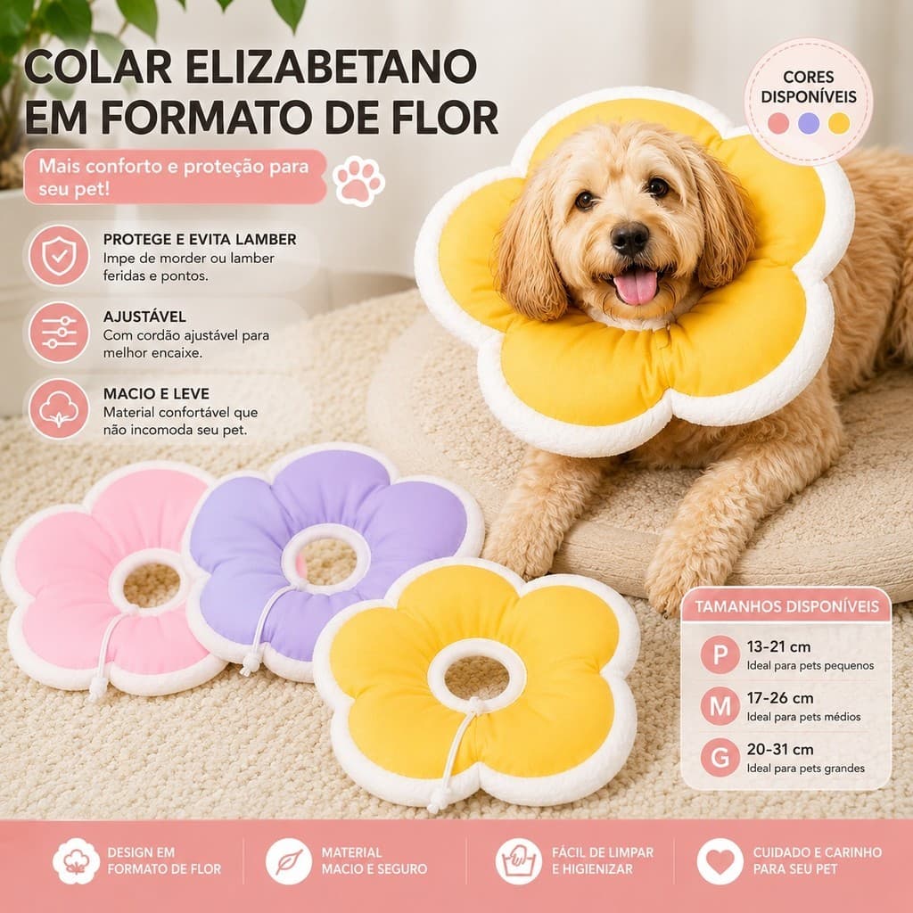 Colar Elizabetano Inflável em Formato de Flor para Cães e Gatos | Ajustável, Macio e Confortável