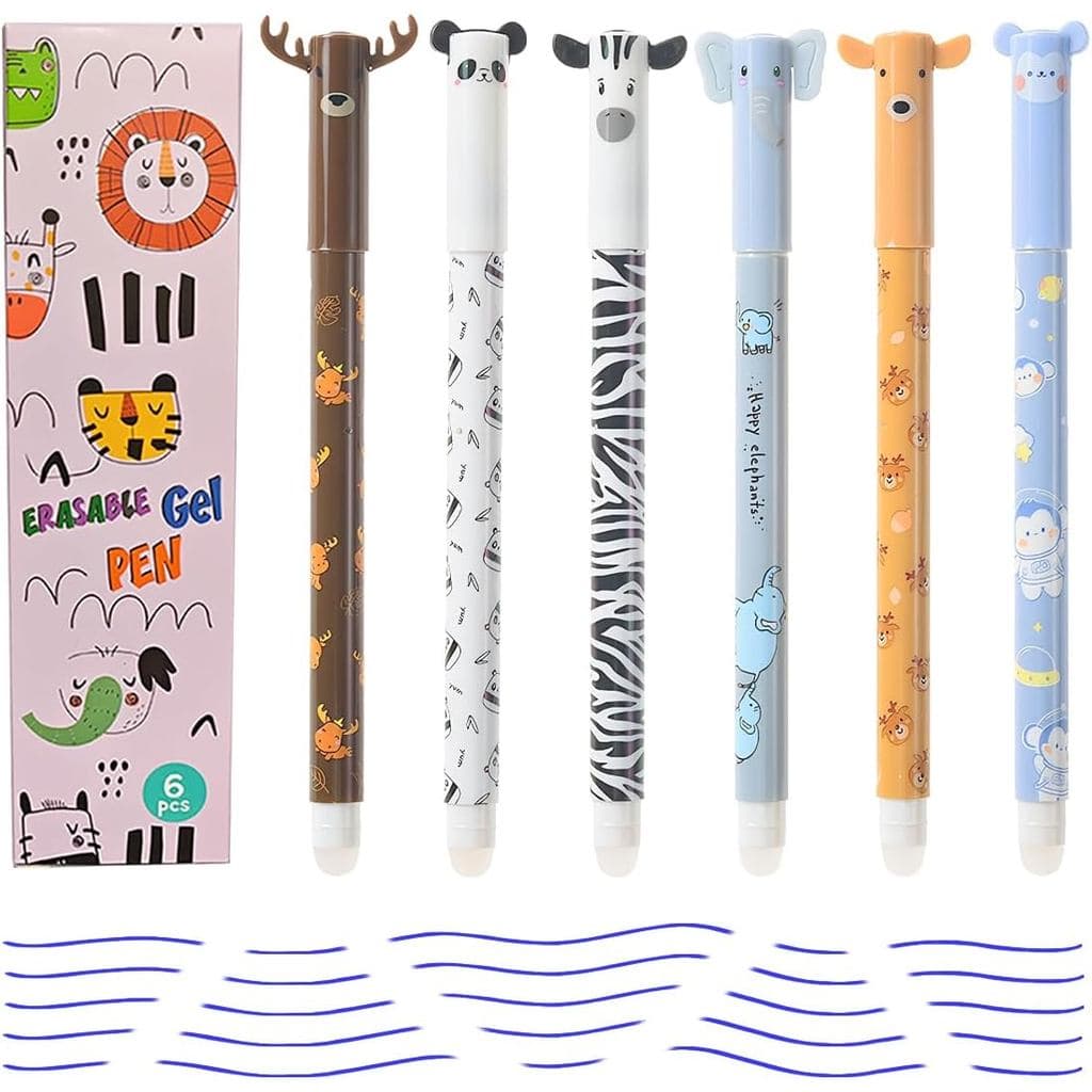 6 Canetas Apagáveis Fofas, Caneta Gel de Tinta Azul 0,5mm, Design de Animais, Canetas de Ponta Fina para Escrita Suave p