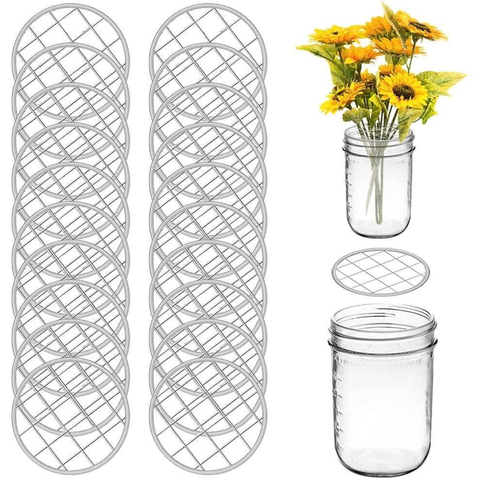 DLAND Pacote com 20 Tampas de Grade para Arranjos Florais para Potes Mason - Inserções de Metal Resistentes à Ferrugem c