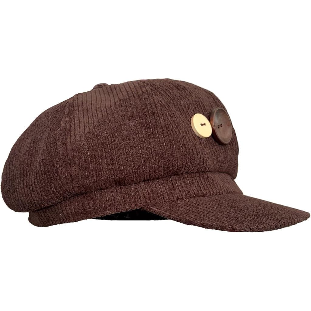 Boné Feminino Estilo Newsboy, Boné de Pintor, Boné de Padeiro, Boina de Corduroy Marrom com Botão Decorativo, Chapéu Vin