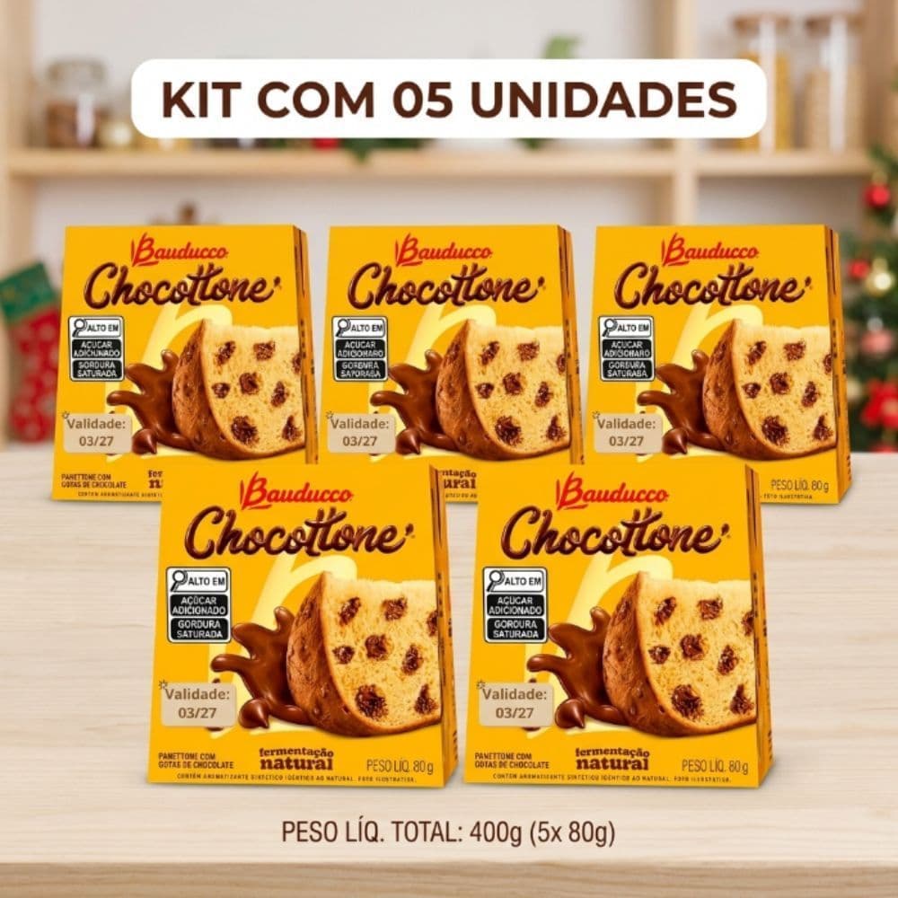 Kit 5 Chocotones Bauducco 80g com Gotas de Chocolate Mini Panetone Natal Caixa