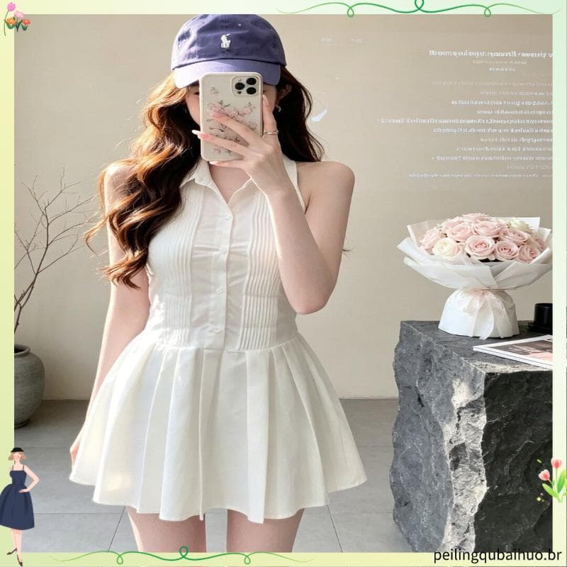 20 26 verão novo estilo branco cintura estreita mais magro olhar A linha saia francês doce gola polo sem mangas camisa v