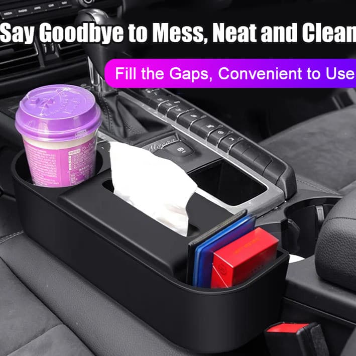 Organizador de carro com porta-copos, caixa de armazenamento e dispensador de lenços de papel.