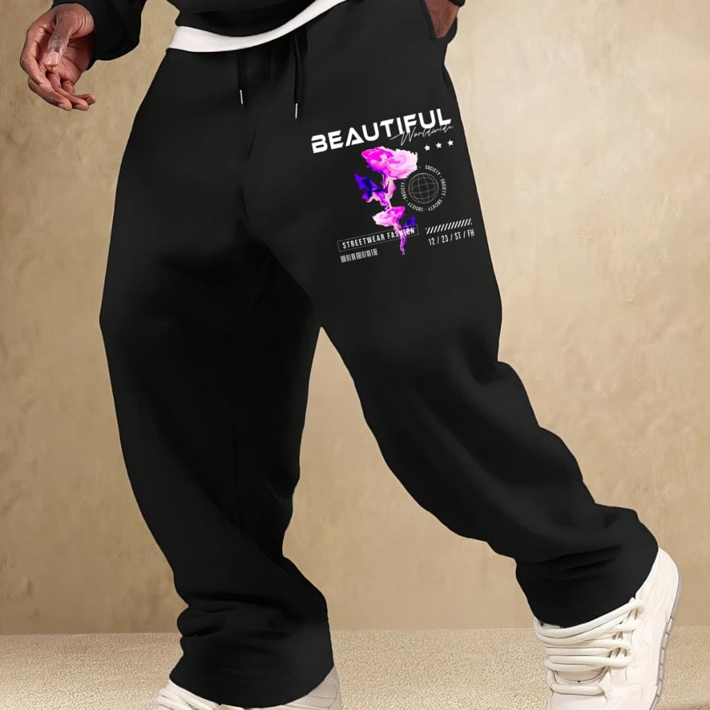 Calça Moletom Larga Unissex Preta Estampa Rosa Beautiful Streetwear Y2K Oversized Baggy Moda