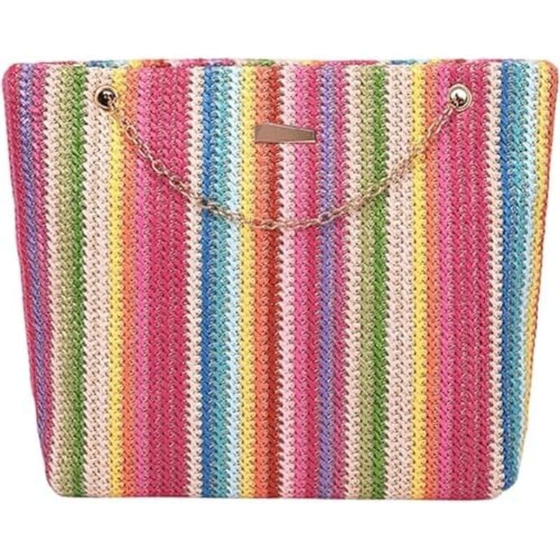 Bolsa Tote De Palha Arco-Íris , De Tecido De Grama Ombro Com Corrente Crossbody Balde Tipo Estilingue Para Mulheres