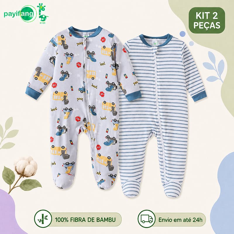 Kit 2 Macacões Bebê Menino Manga Longa com Pé Estampa Veículos e Listras