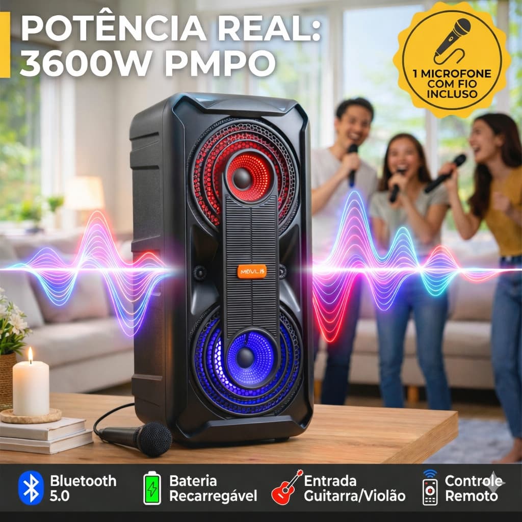 Caixa de Som Bluetooth Potente PMPO 3600W com LED TWS Rádio FM USB SD 2x8" Microfones Sem Fio Heyli