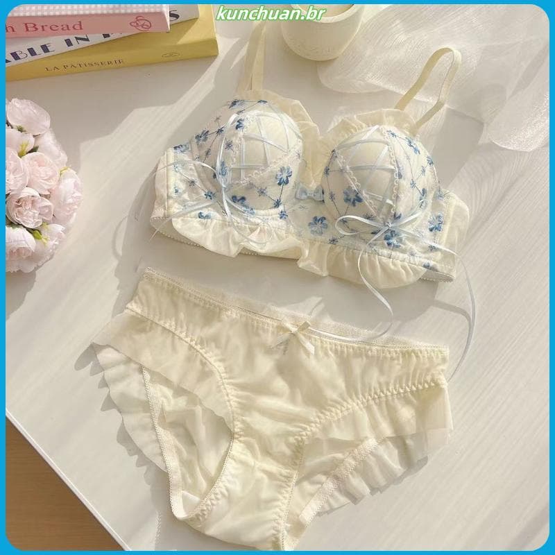 Estilo japonês fresco Floral roupa interior feminina bonito menina rendas pequenos seios reunindo conjunto de sutiã de e