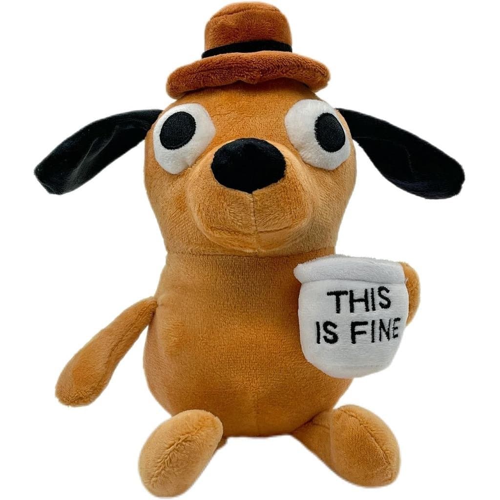 Este é o Pelúcia Fine, com 11 polegadas de tamanho, um divertido cão bebedor de café, figura de ação de pelúcia, bon