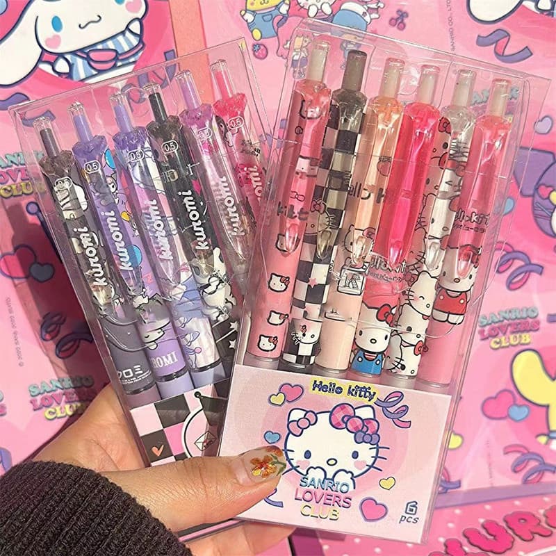 Conjunto de 6 canetas gel de 0,5mm com personagens fofos como Urso Morango, Kuromi e Hello Kitty, Sanrio, tipo ST, mater