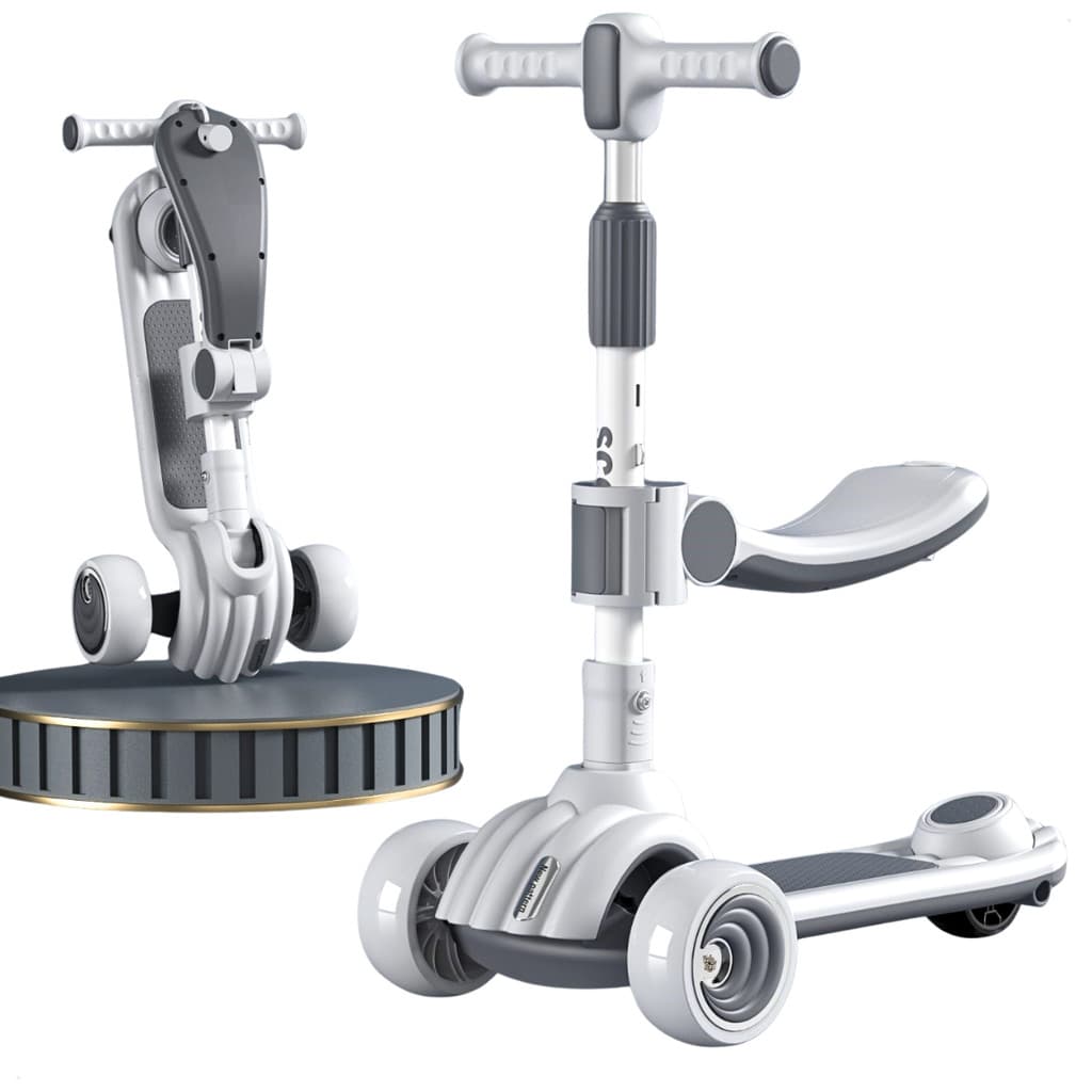 Patinete Infantil 2 em 1 Dobrável 3 Rodas com Assento Luz LED nas Rodas Ajustável - Cinza