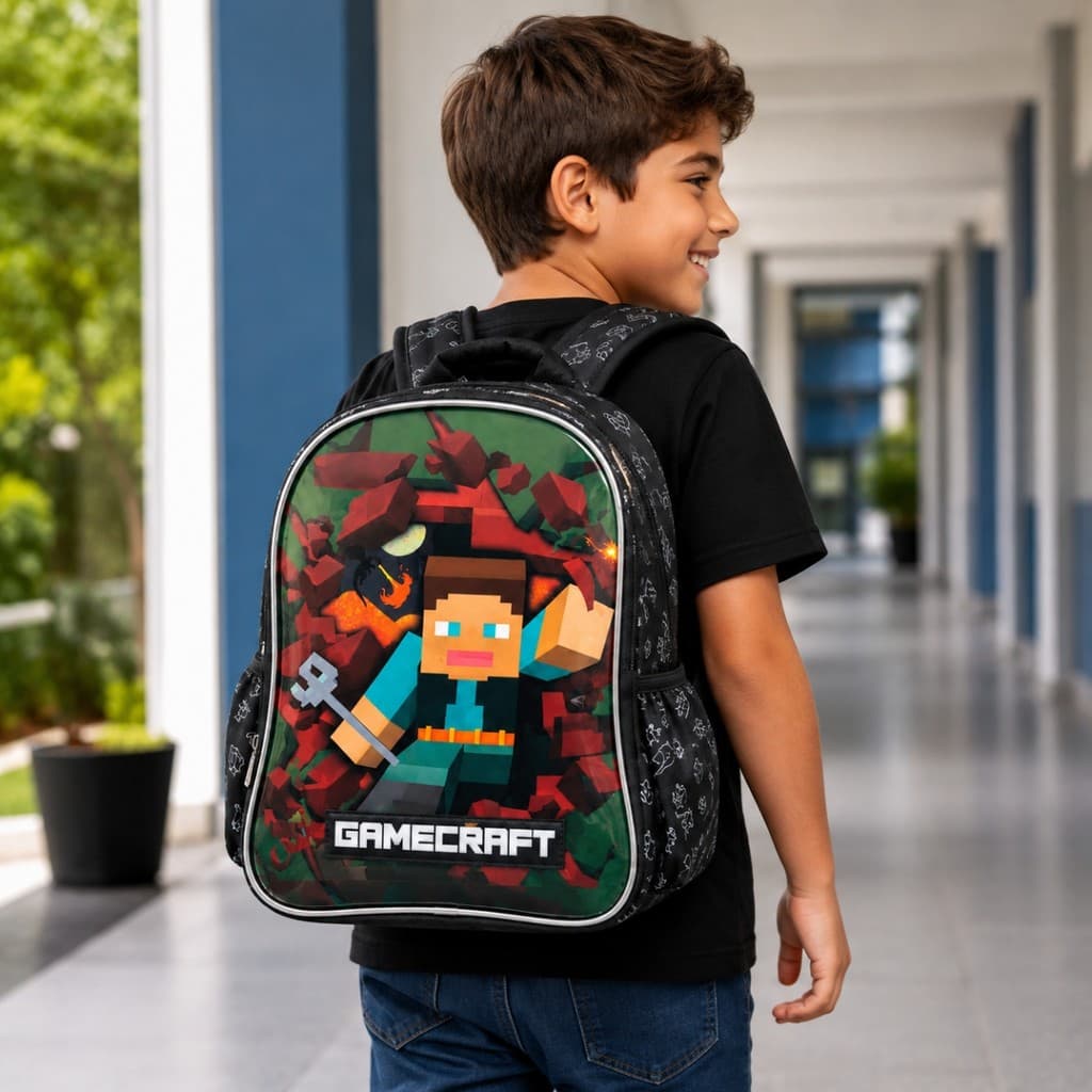 Mochila Escolar De Alças Gamecraft Jogo Bloco Meninos Denlex