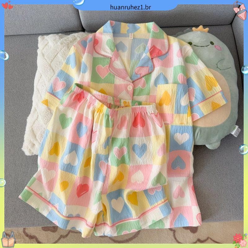 Verificado amor pijamas feminino verão nuvem algodão Shorts de manga curta 2026 novo estilo dos desenhos animados linda
