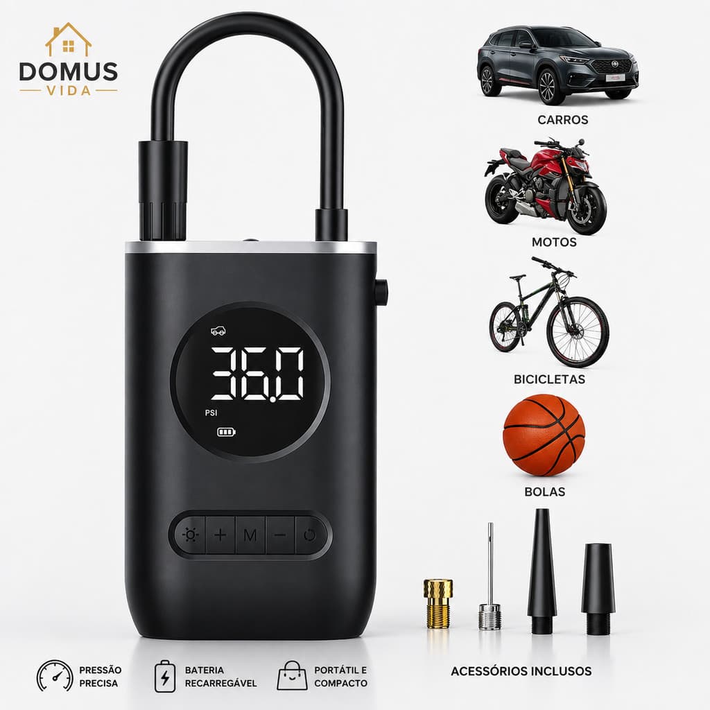 Compressor de Ar Portátil Digital USB Recarregável – Calibrador de Pneus Compacto