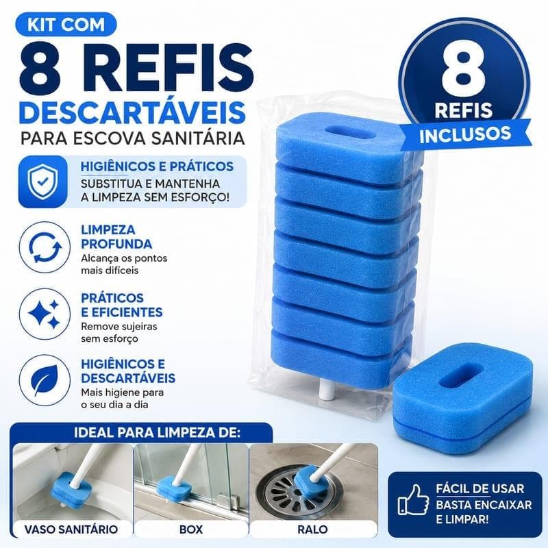 Kit 8 Refis para Escova Sanitária Descartável - Reposição Prática e Higiênica, Compatível com Encaixe Padrão