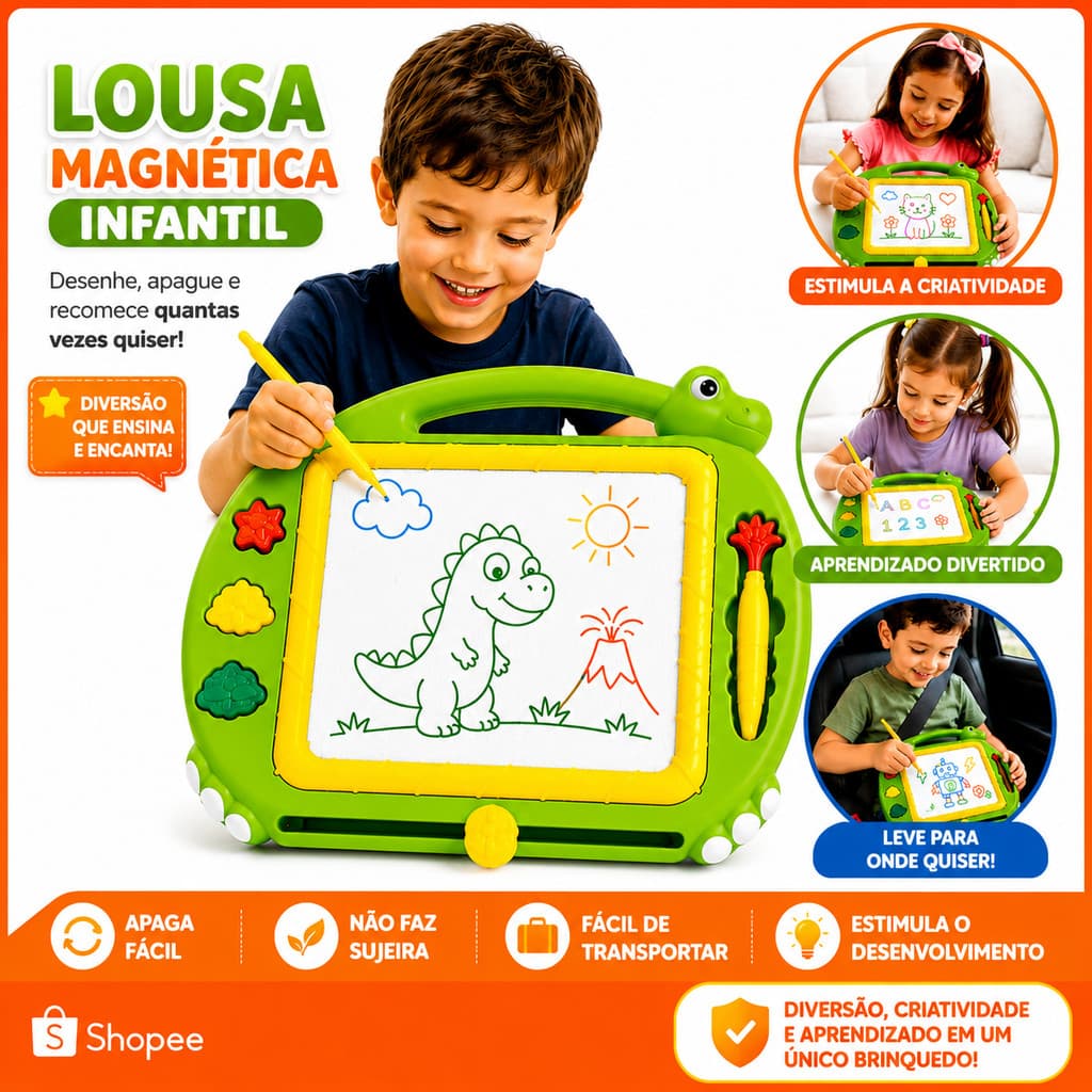 Lousa Infantil Magnetica Magica Grande 35x42 - DESENHE, APAGUE E RECOMECE