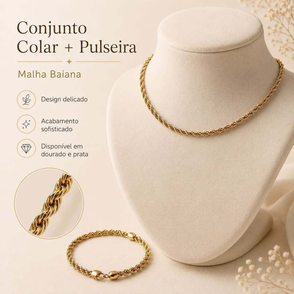 Kit Colar e Pulseira Feminino Malha Baiana Dourado ou Prata Conjunto 2 Peças