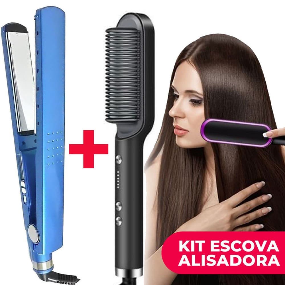 Conjunto Alisador e Pente Aquecido Bivolt 110V 220V Portátil, Escova Modeladora