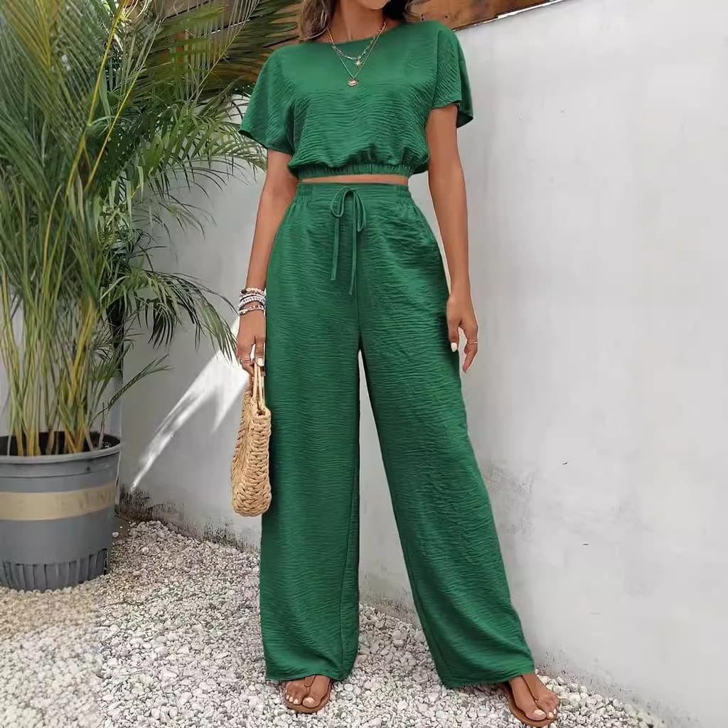 Primavera nova chegada cor sólida camiseta cintura estreita calças de perna reta terno de duas peças moda elegante terno