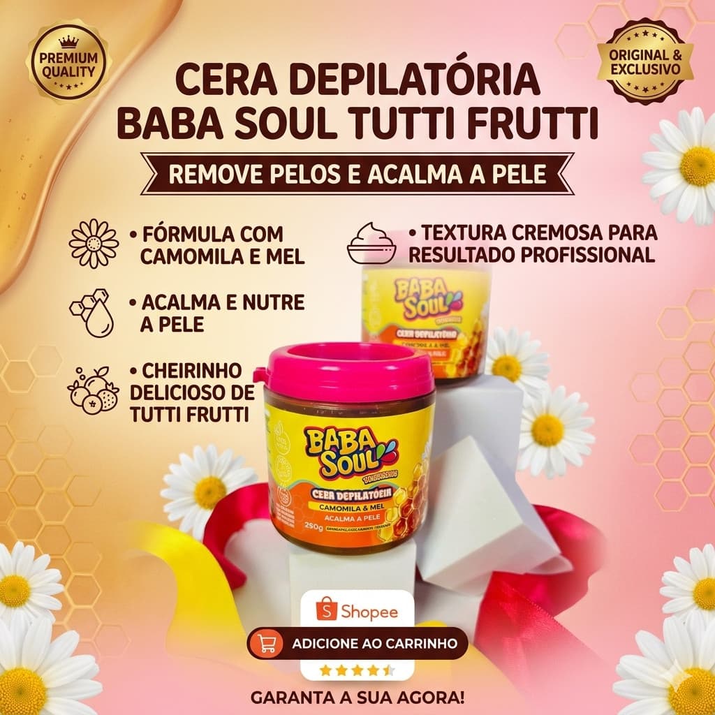 Cera Depilatória Baba Soul Tutti Frutti 290g - Camomila e Mel - Remove Pelos e Acalma a Pele