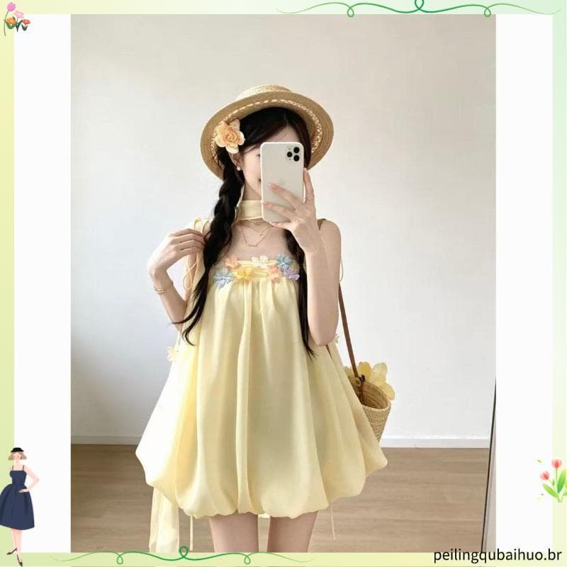 Sem mangas curto Halter pescoço Streamer tridimensional flor a linha estilingue flor Bud vestido feminino verão francês
